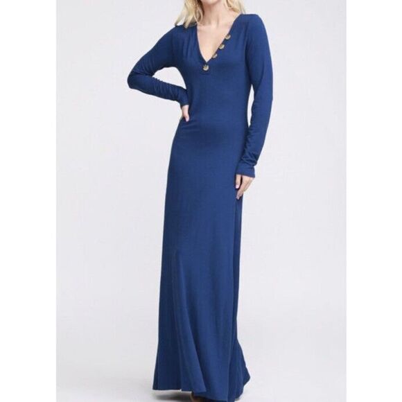 Doublju Women's Banded Button V-Neck Long Sleeve Maxi Dress Size Medium - Picture 1 of 3